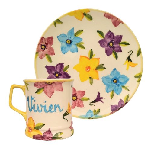 Inscripted pansy mug and breakfast plate