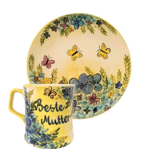 Inscripted named blue floral mug and breakfast plate