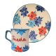 Inscripted with name blue floral mug and breakfast plate