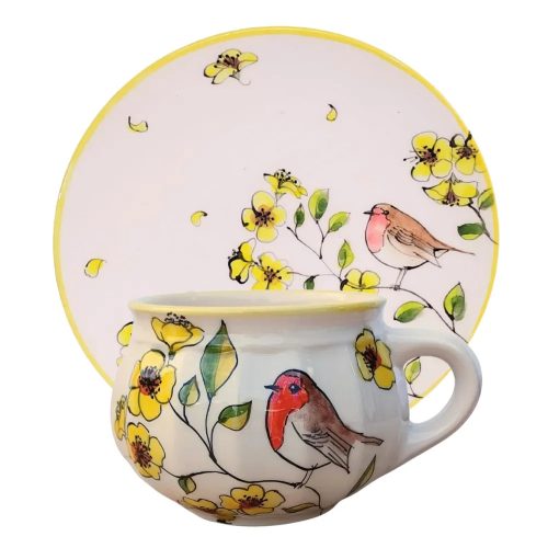 Töpfchen Tasse und Frühstücksteller mit Frühlingsvogel Motiv