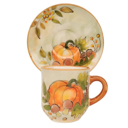 Orange pumpkin coffee mug and small plate