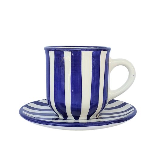 Blue striped coffee mug and small plate