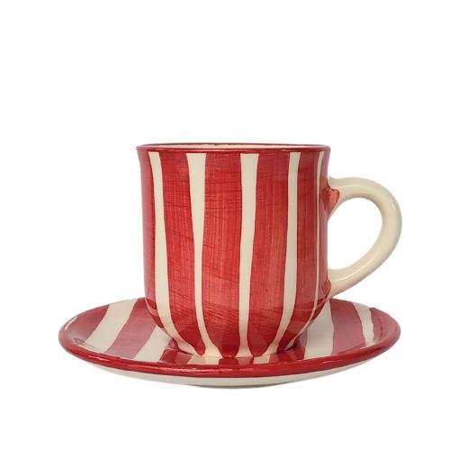 Red striped coffee mug and small plate