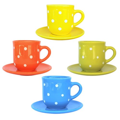 Four cheerful coffee sets with small plates